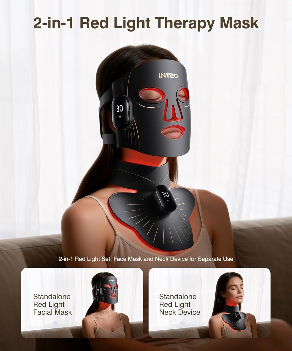 LED Light Mask for Face and Neck, 4 Light Modes Cordless Facial and Neck Skincare Mask, Red LED Beauty Device, Rechargeable Home Skincare Tool with 680 Leds (Black)